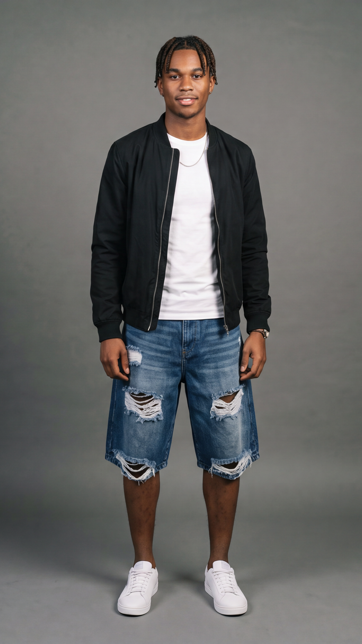 Distressed Denim Shorts - Mid Blue - baggy fit front view