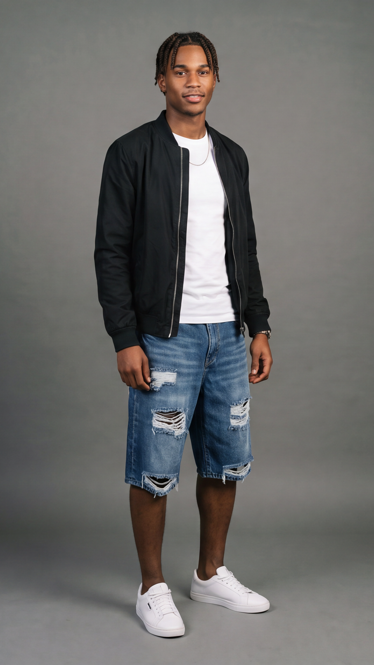 Distressed Denim Shorts - Mid Blue - alternative front view
