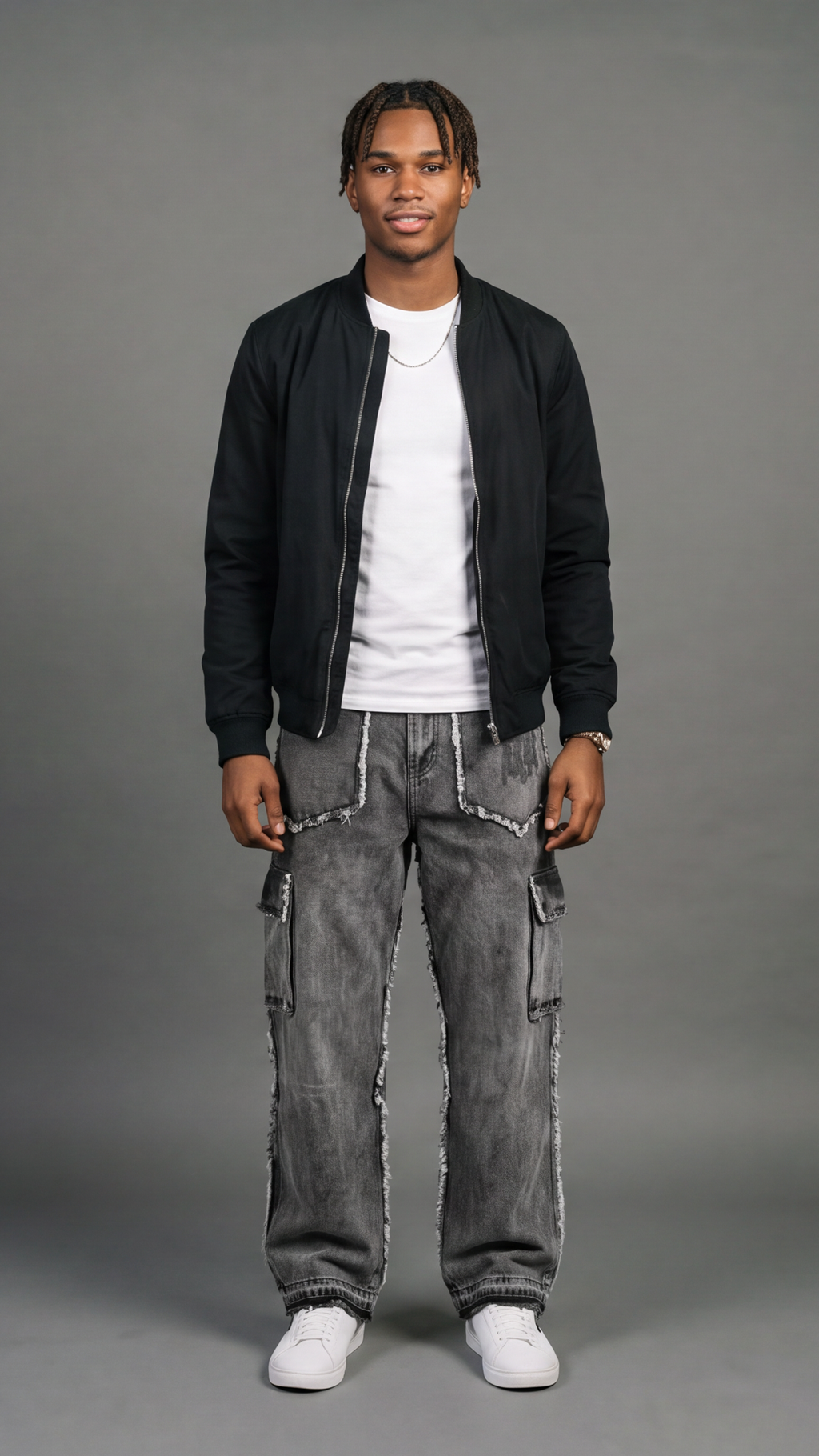 Deconstructed Fringe Cargo Jeans - Dark Grey