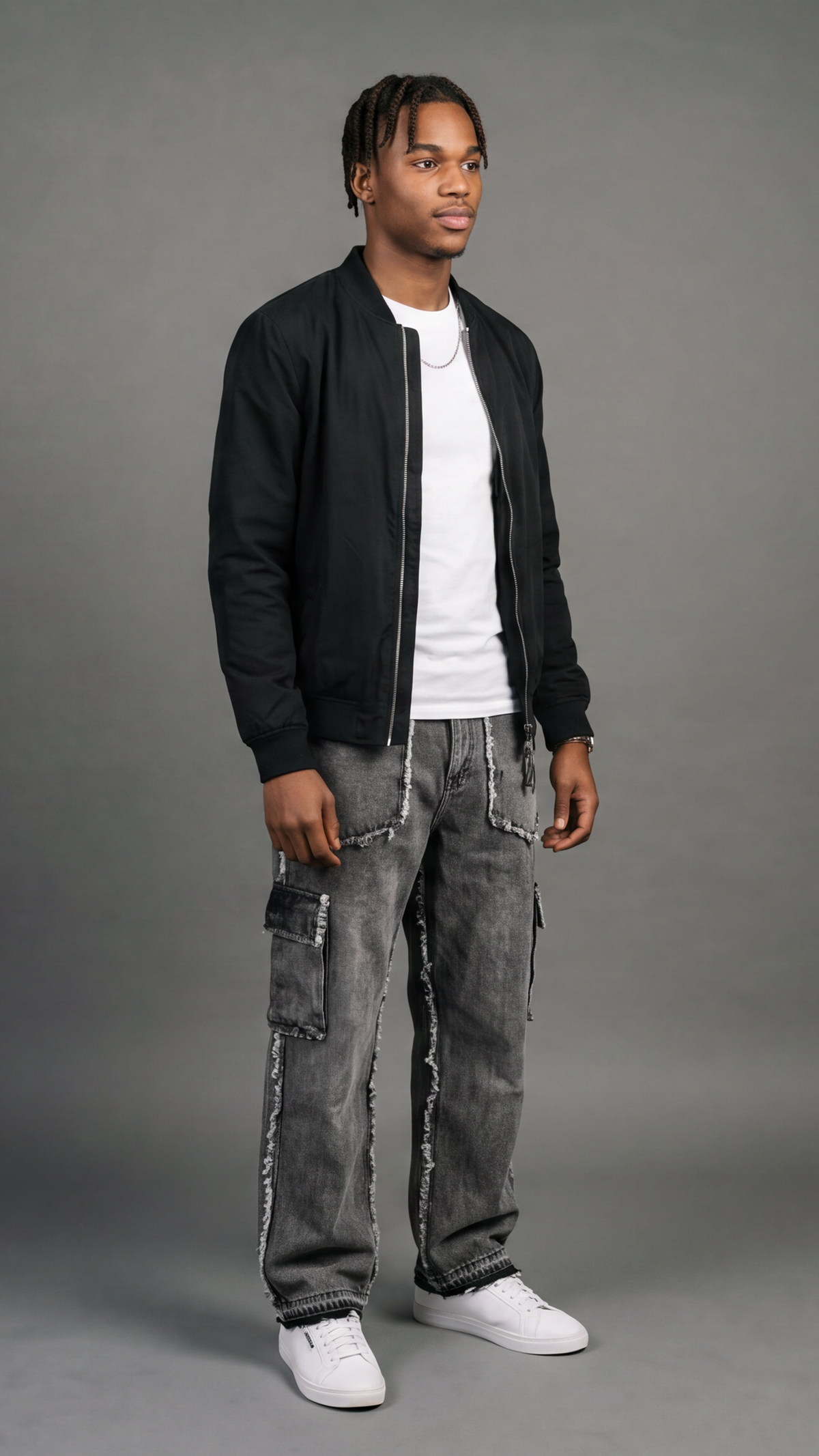 Deconstructed Fringe Cargo Jeans - side