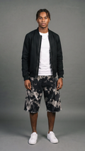 Bleached Tie-Dye Fringe Denim Shorts - baggy fit front view