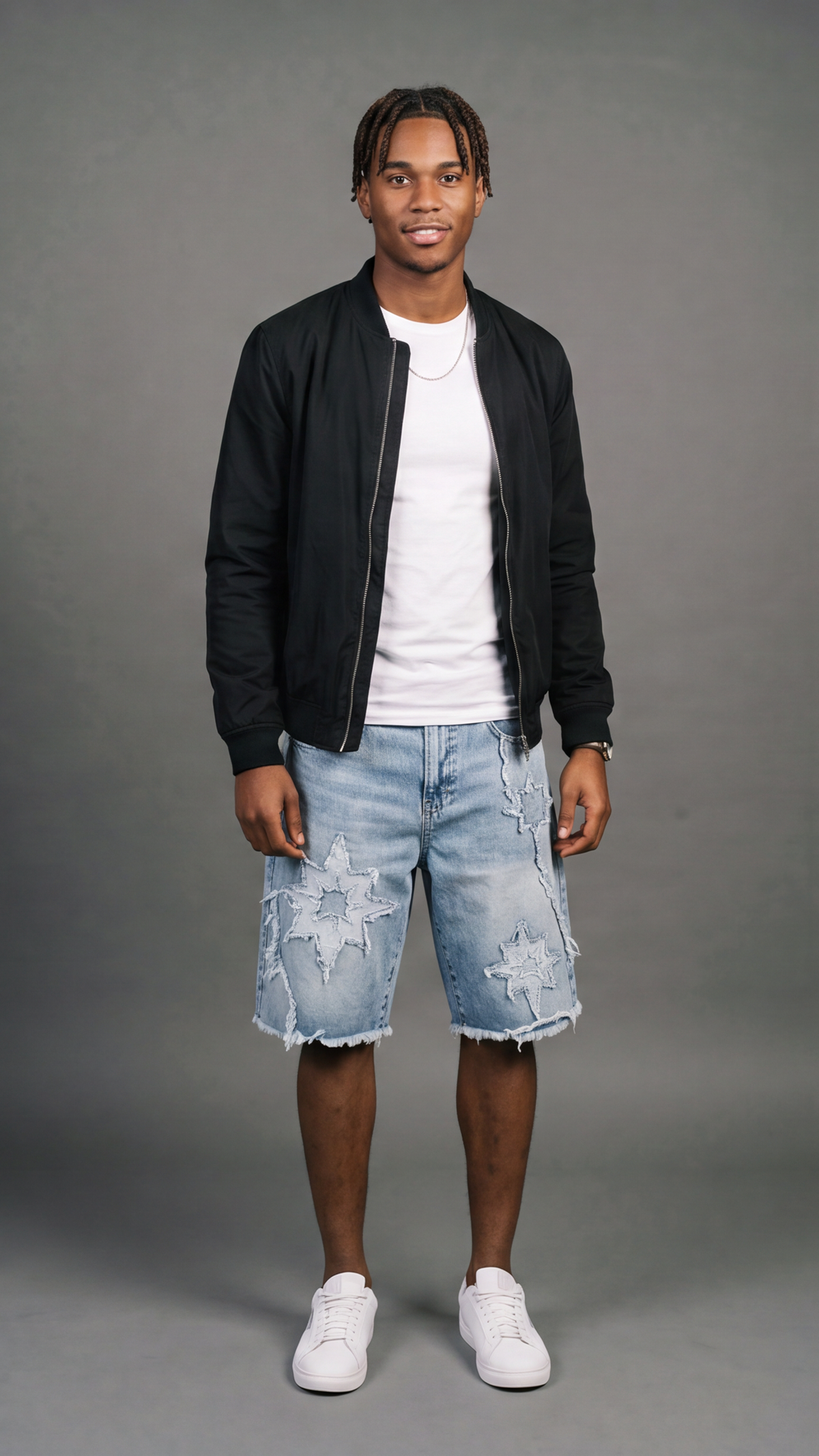 Star Patch Denim Shorts - baggy fit front view