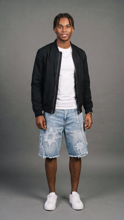 Star Patch Denim Shorts - baggy fit front view