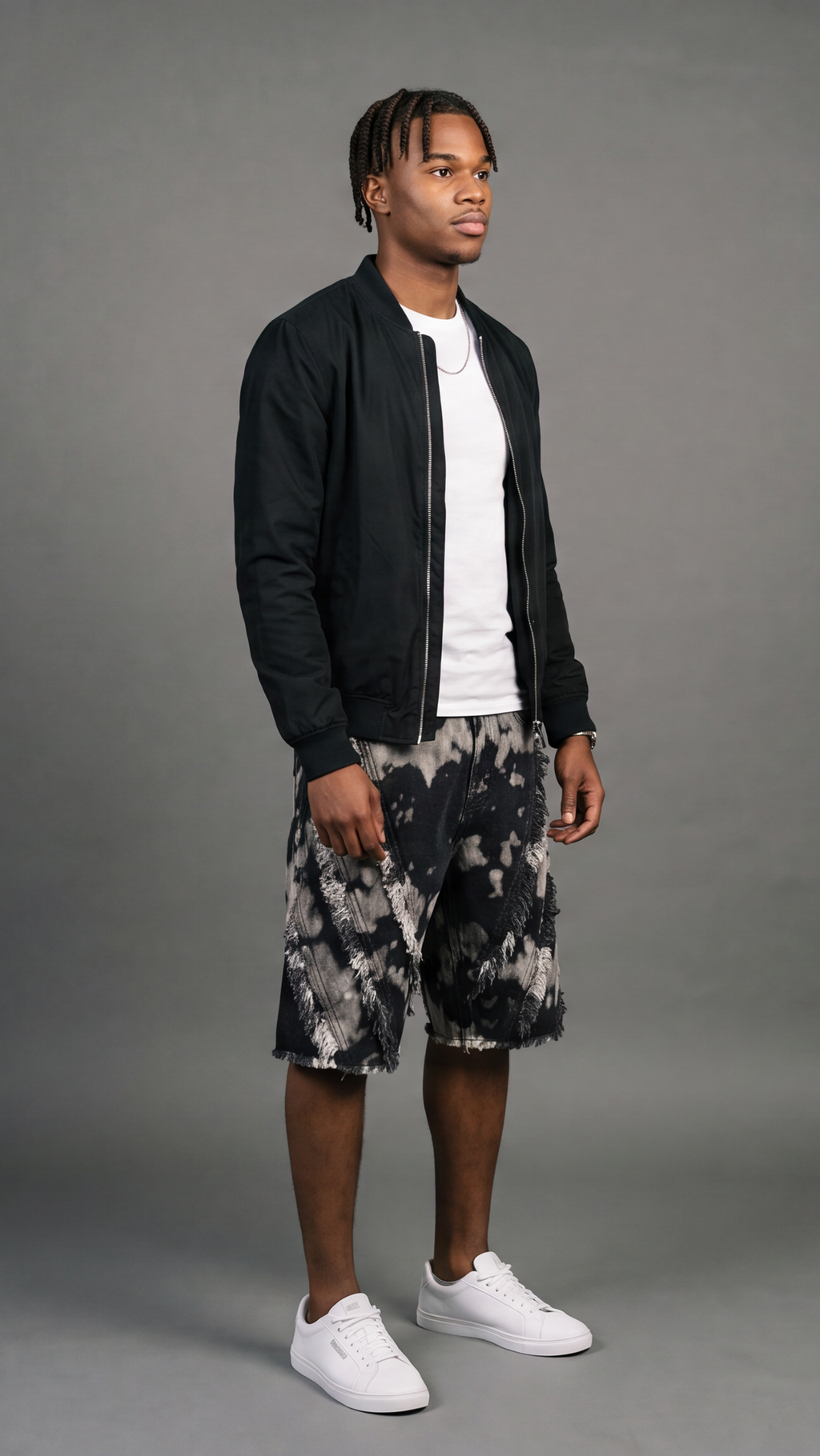 Bleached Tie-Dye Fringe Denim Shorts - alternative front view