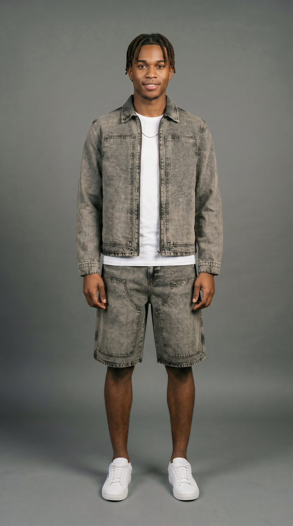 Washed Zip Set with Shorts - Brown
