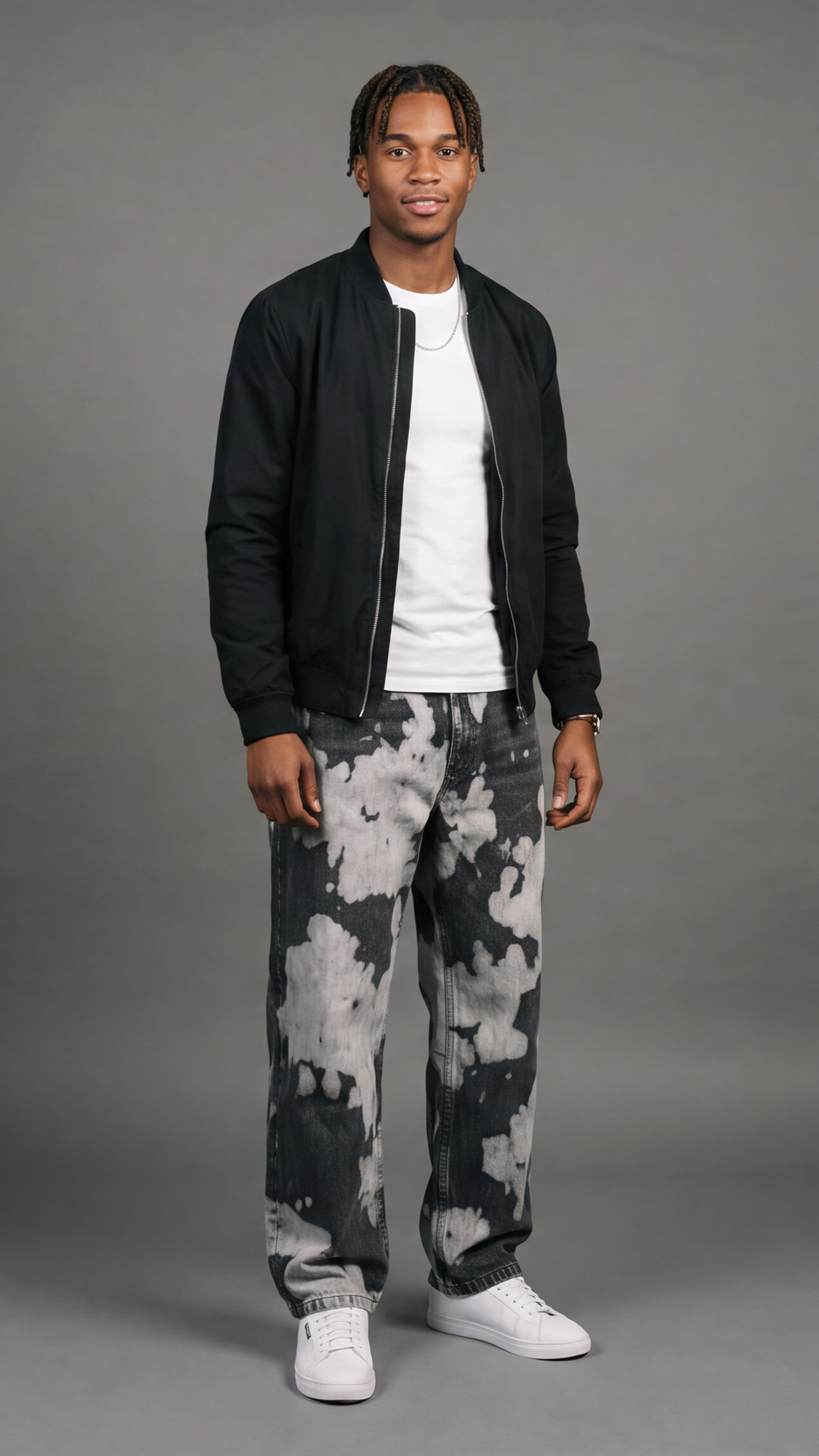 Bleached Tie-Dye Baggy Jeans - Black/White