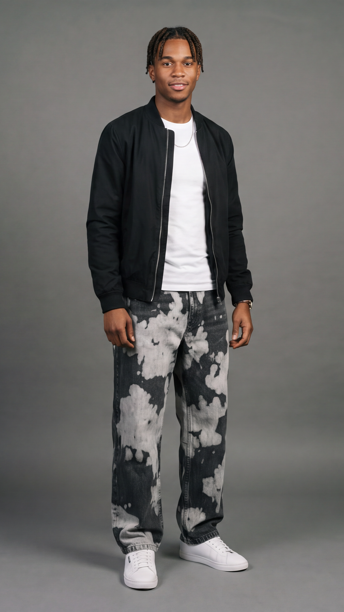 Bleached Tie-Dye Baggy Jeans - Black/White