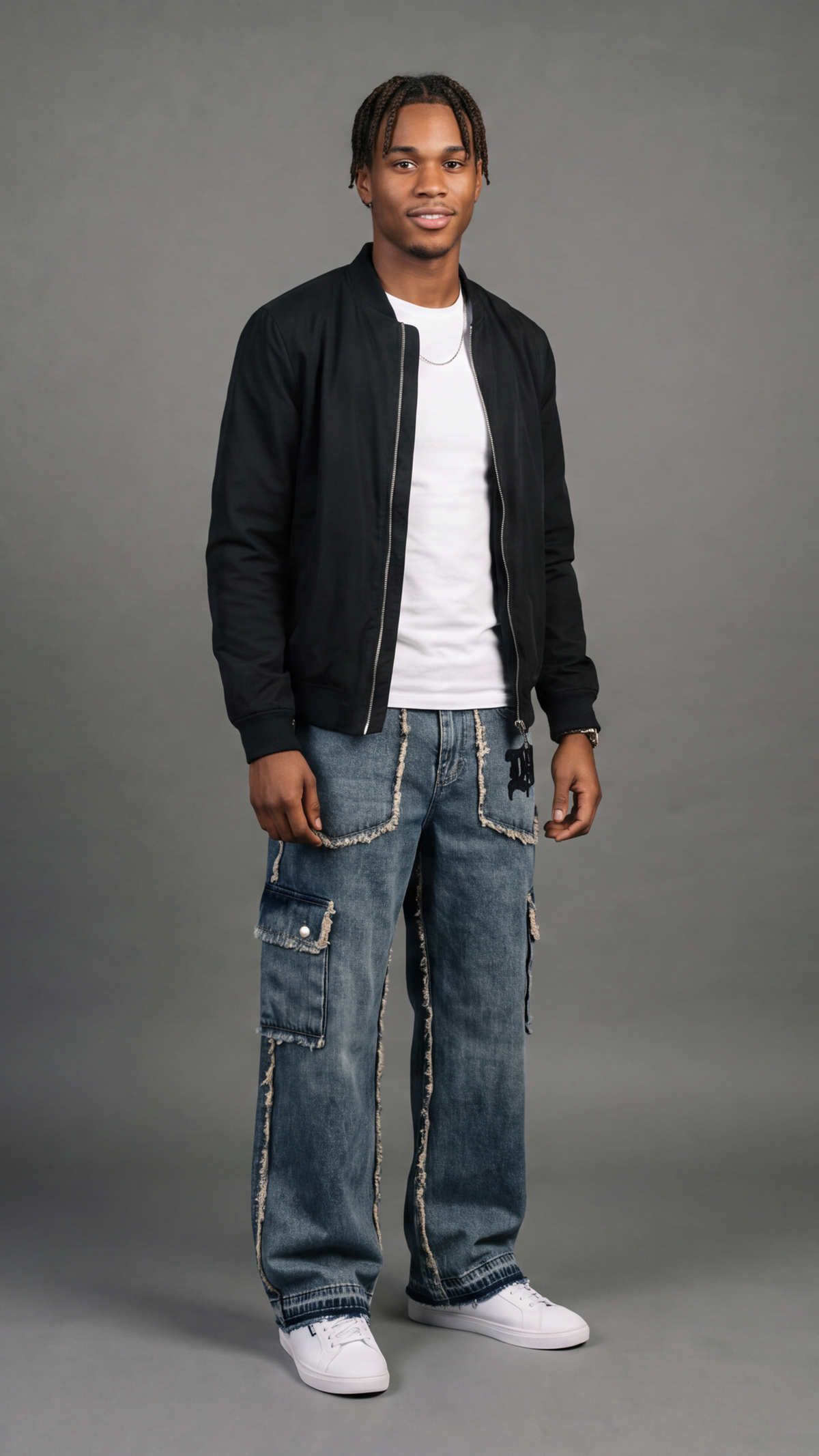 Logo Patch Fringe Cargo Jeans - side