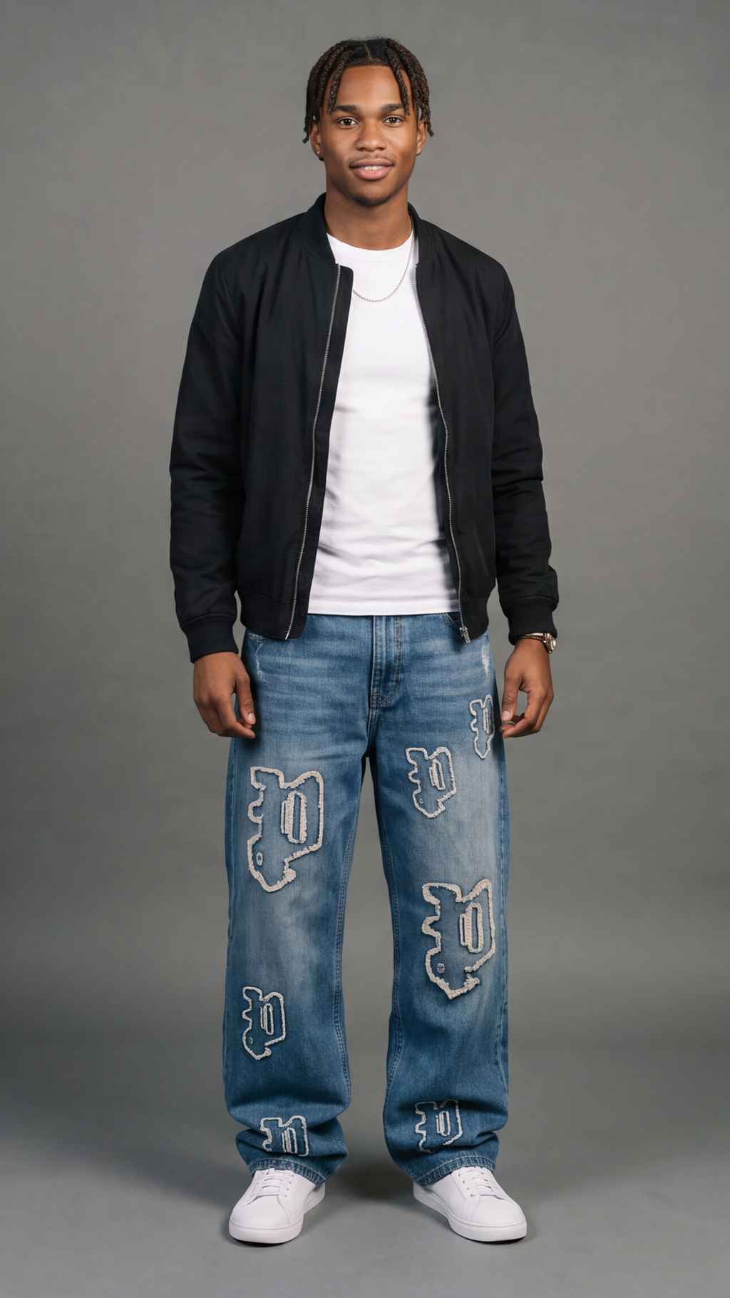 All-Over Logo Patch Fringe Jeans - Light Blue