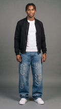 All-Over Logo Patch Fringe Jeans - Light Blue