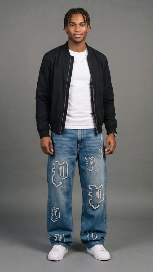 All-Over Logo Patch Fringe Jeans - Light Blue