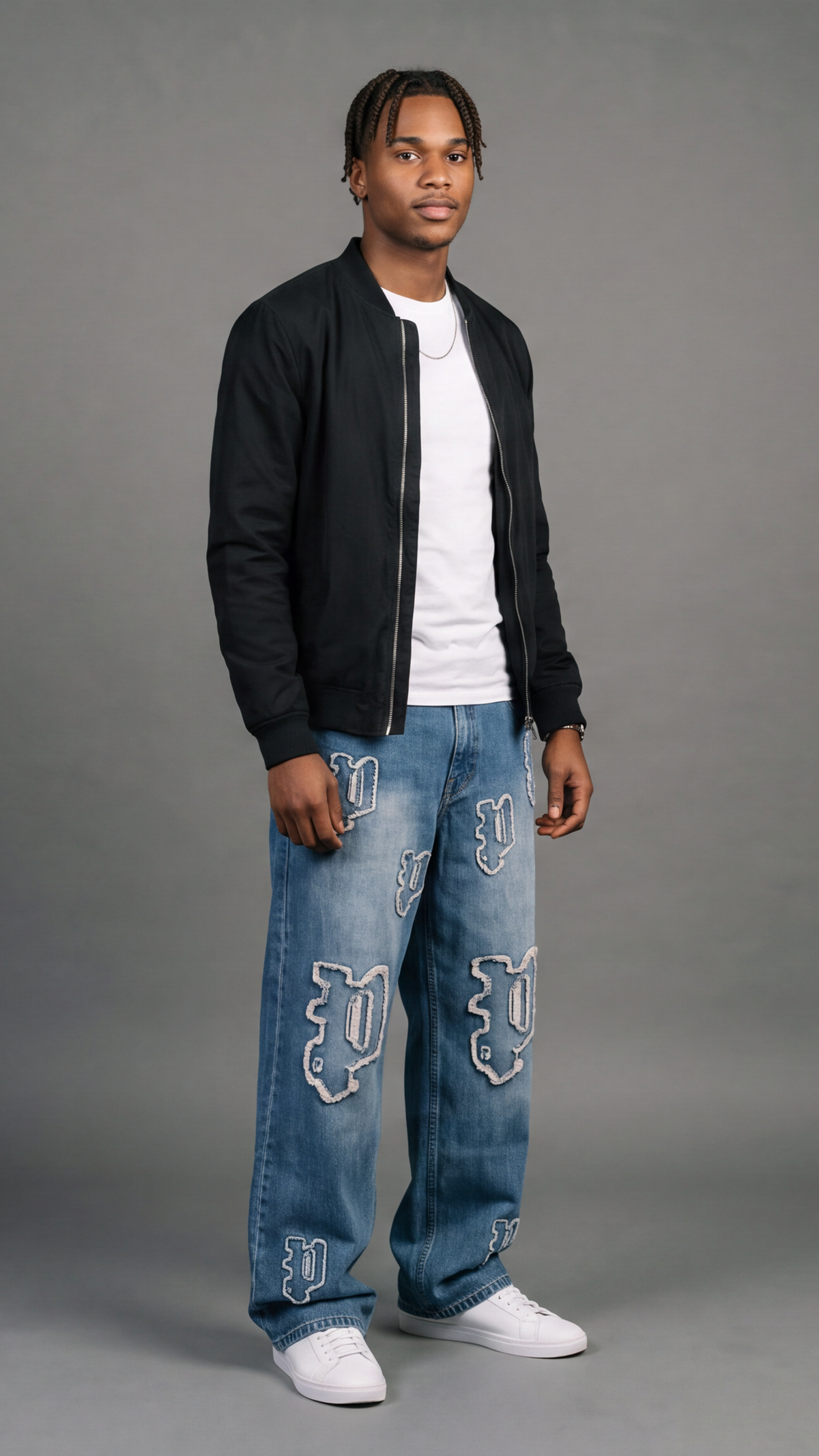 All-Over Logo Patch Fringe Jeans - side