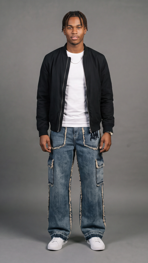 Logo Patch Fringe Cargo Jeans - Mid Blue