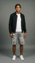 Distressed Denim Shorts - Washed Grey - baggy fit front view