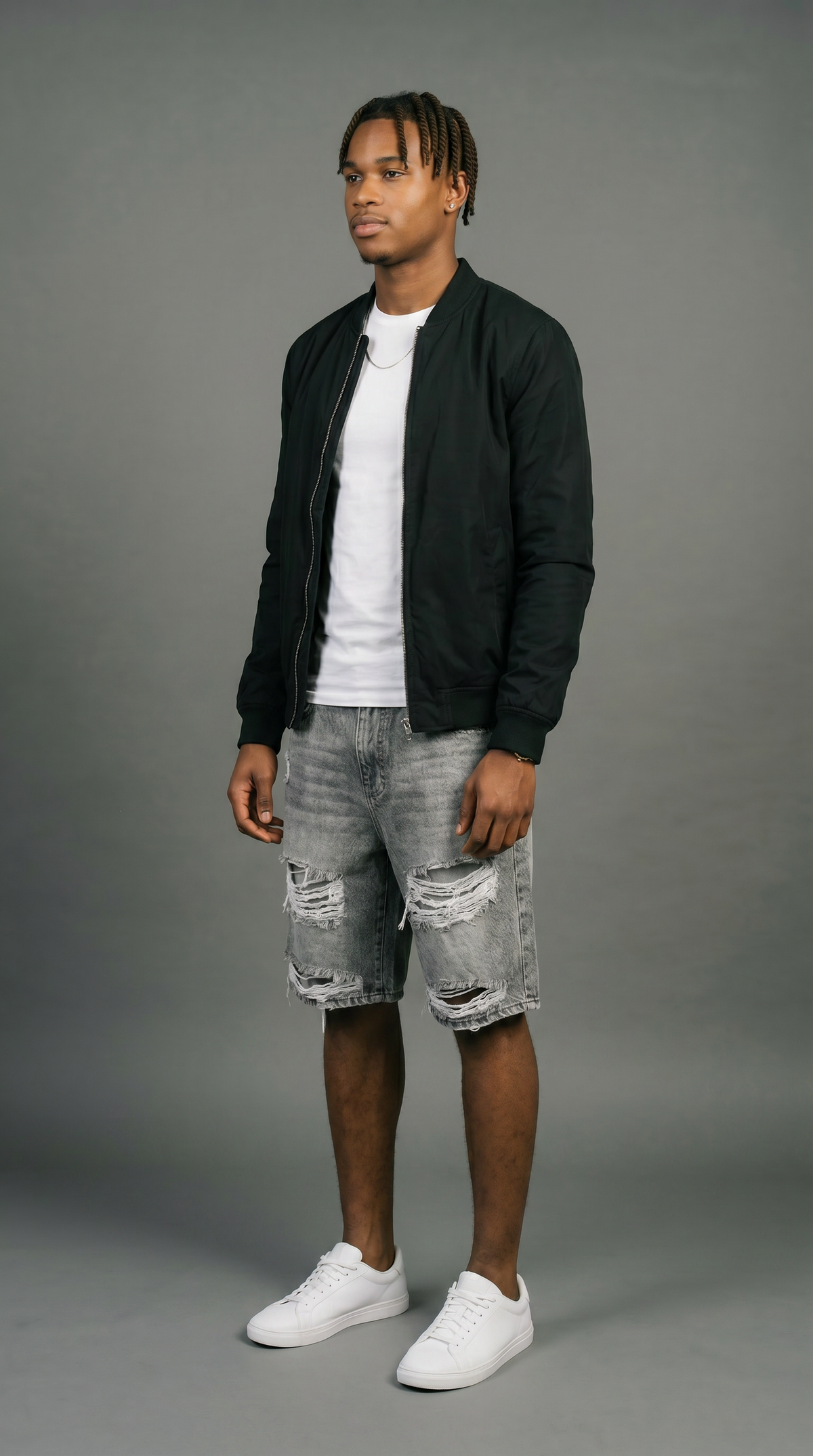 Distressed Denim Shorts - Washed Grey - alternative front view