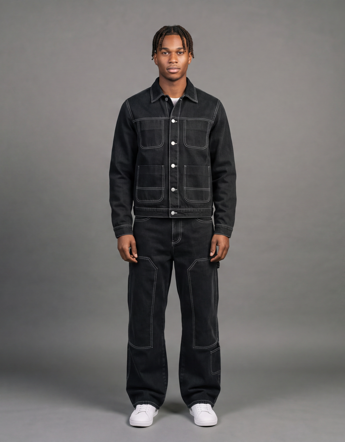 Contrast Stitch Set in black denim, ZERO GRAIN