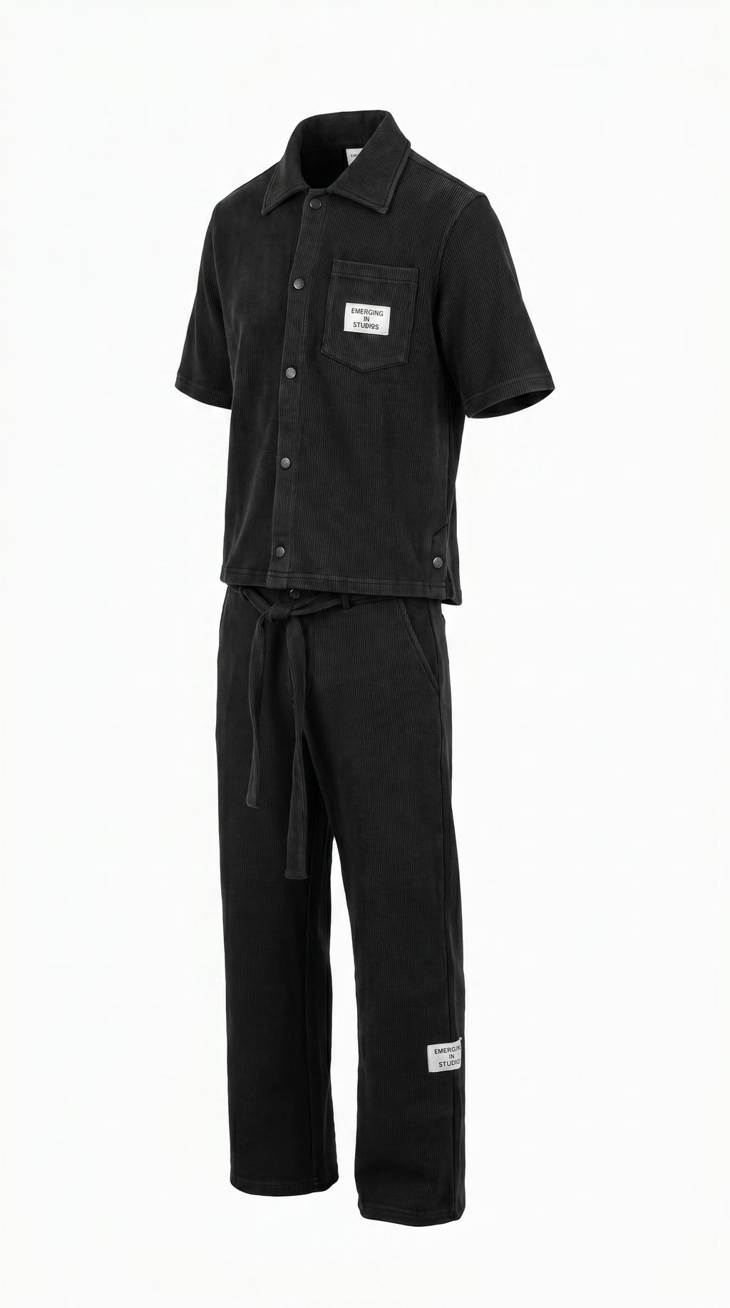 Striped Texture Set - Black - shirt and drawstring trousers