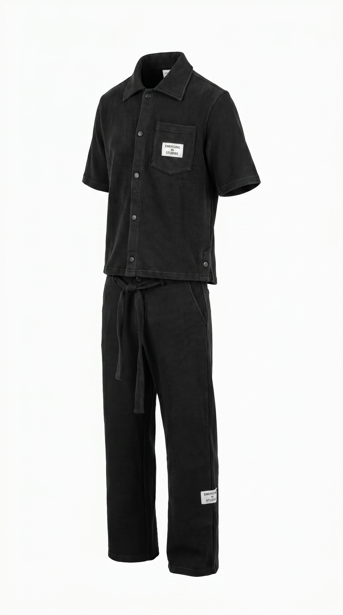 Striped Texture Set - Black - shirt and drawstring trousers